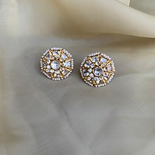 Gold Plated Semi-Precious Stone & Moissanite Polki Stud Earrings In Sterling Silver