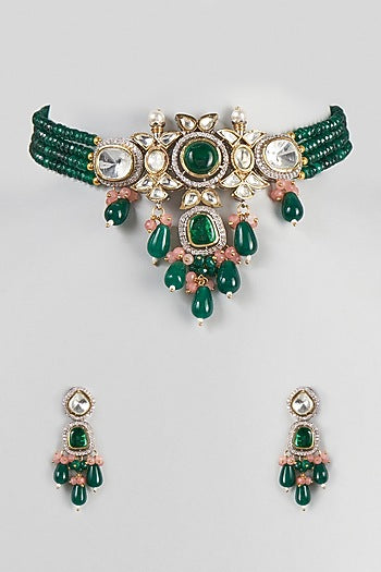 Two Tone Finish Choker Necklace Set With Pink & Green Drops