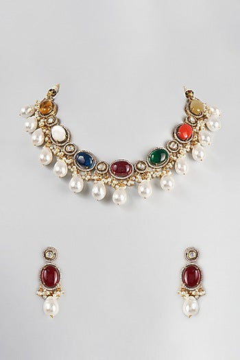 Two Tone Finish Navratan Choker Necklace Set