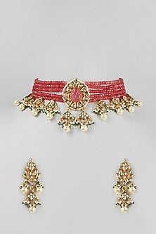 Gold Finish Choker Necklace Set With Pearl Drops