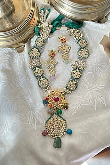 Gold Plated Green Jadau Kundan Polki Long Necklace Set