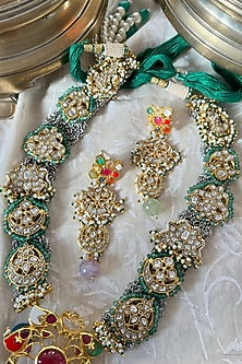 Gold Plated Green Jadau Kundan Polki Long Necklace Set