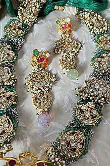 Gold Plated Green Jadau Kundan Polki Long Necklace Set