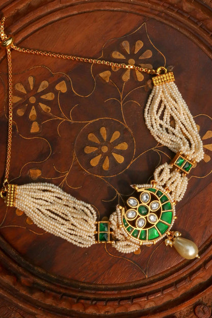 Gold Plated Jadau Kundan Polki & Green Stone Bracelet