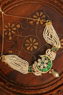 Gold Plated Jadau Kundan Polki & Green Stone Bracelet