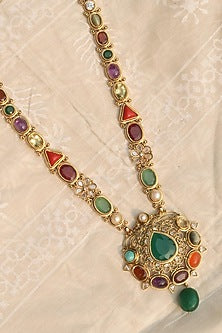 Gold Plated Jadau Kundan Polki & Multi-Colored Stone Long Necklace Set