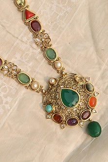 Gold Plated Jadau Kundan Polki & Multi-Colored Stone Long Necklace Set