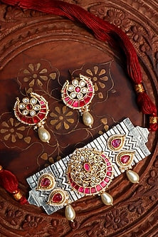 Gold Plated Jadau Kundan Polki & Red Stone Choker Necklace Set
