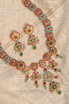 Gold Plated Multi-Colored Jadau Kundan Polki Long Necklace Set