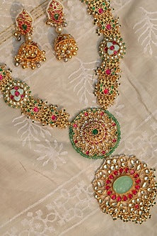 Gold Plated Jadau Kundan Polki Long Necklace Set