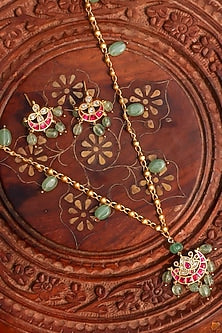 Gold Plated Red Jadau Kundan Polki Long Necklace Set