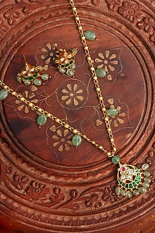 Gold Plated Green Jadau Kundan Polki Long Necklace Set
