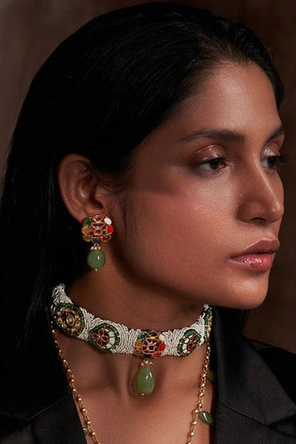 Gold Plated Multi-Colored Jadau Kundan Polki Choker Necklace Set