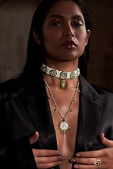 Gold Finish White Jadau Kundan Polki Long Necklace Set