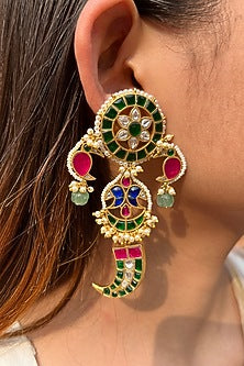 Gold Plated Jadau Kundan Polki Handcrafted Dangler Earrings
