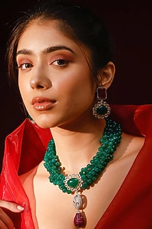 Gold Finish Kundan Polki & Green Stone Necklace Set