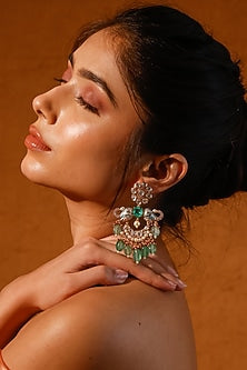 Gold Finish Kundan Polki & Green Stone Dangler Earrings