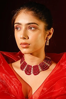 Gold Finish Kundan Polki & Red Stone Choker Necklace Set