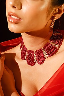 Gold Finish Kundan Polki & Red Stone Choker Necklace Set