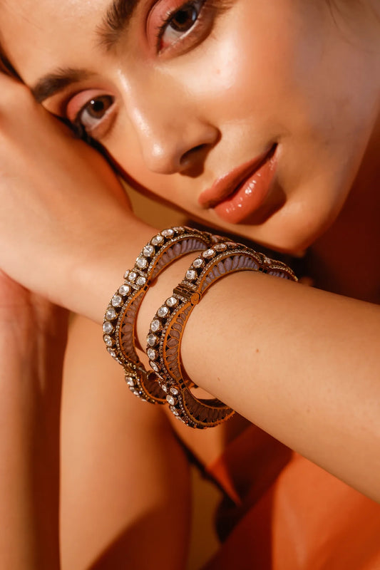 Gold Finish Kundan Polki & Stone Bangles (Set of 2)