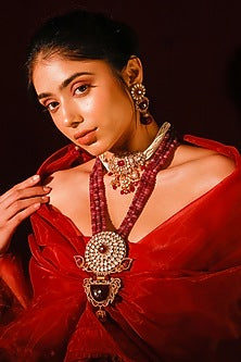 Gold Finish Kundan Polki & Red Stone Long Necklace Set