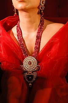 Gold Finish Kundan Polki & Red Stone Long Necklace Set