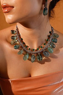Gold Finish Kundan Polki & Green Stone Choker Necklace Set