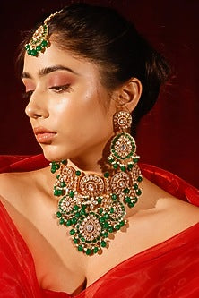 Gold Finish Kundan Polki & Green Stone Choker Necklace Set