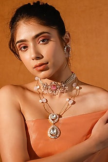Gold Finish Kundan Polki & Pink Stone Choker Necklace Set