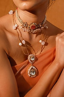 Gold Finish Kundan Polki & Pink Stone Choker Necklace Set