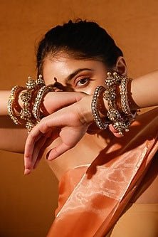 Gold Finish Kundan Polki & Pink Stone Bangles (Set of 2)