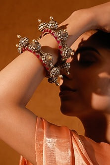 Gold Finish Kundan Polki & Pink Stone Bangles (Set of 2)