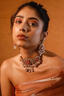 Gold Finish Kundan Polki & Multi-Colored Stone Choker Necklace Set