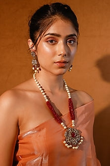 Gold Finish Kundan Polki & Multi-Colored Stone Long Necklace Set