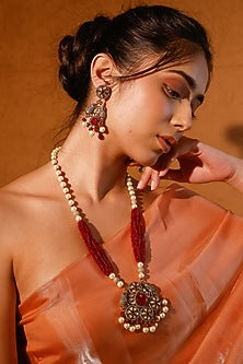 Gold Finish Kundan Polki & Multi-Colored Stone Long Necklace Set