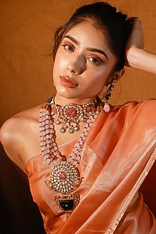 Gold Finish Kundan Polki & Multi-Colored Stone Long Necklace Set