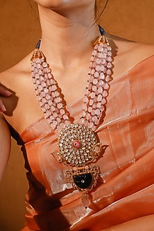 Gold Finish Kundan Polki & Multi-Colored Stone Long Necklace Set