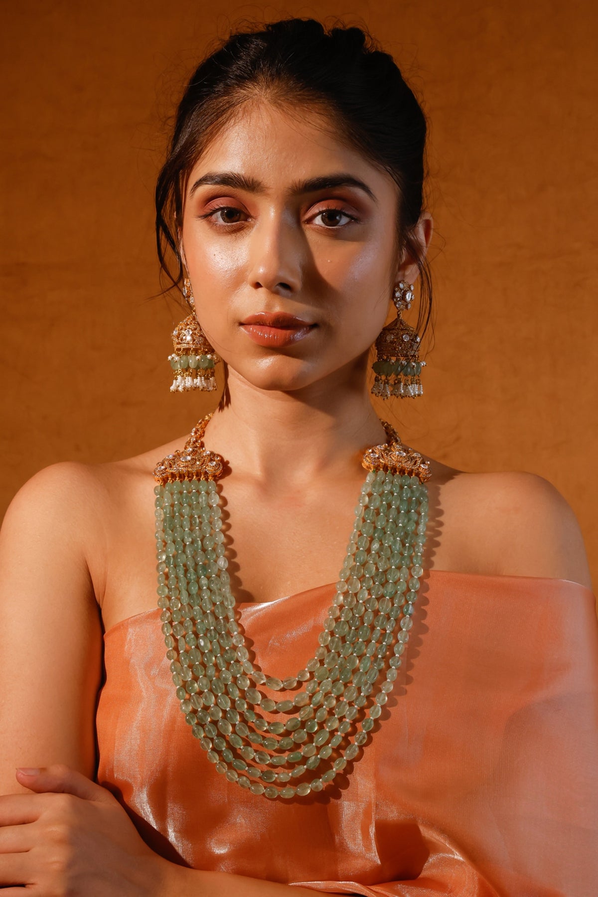 Gold Finish Kundan Polki & Green Stone Long Necklace Set