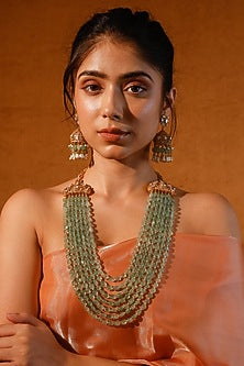 Gold Finish Kundan Polki & Green Stone Long Necklace Set