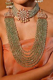 Gold Finish Kundan Polki & Green Stone Long Necklace Set