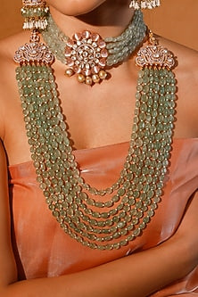 Gold Finish Kundan Polki & Green Stone Long Necklace Set