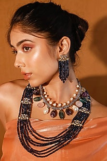 Gold Finish Kundan Polki & Multi-Colored Stone Long Necklace Set