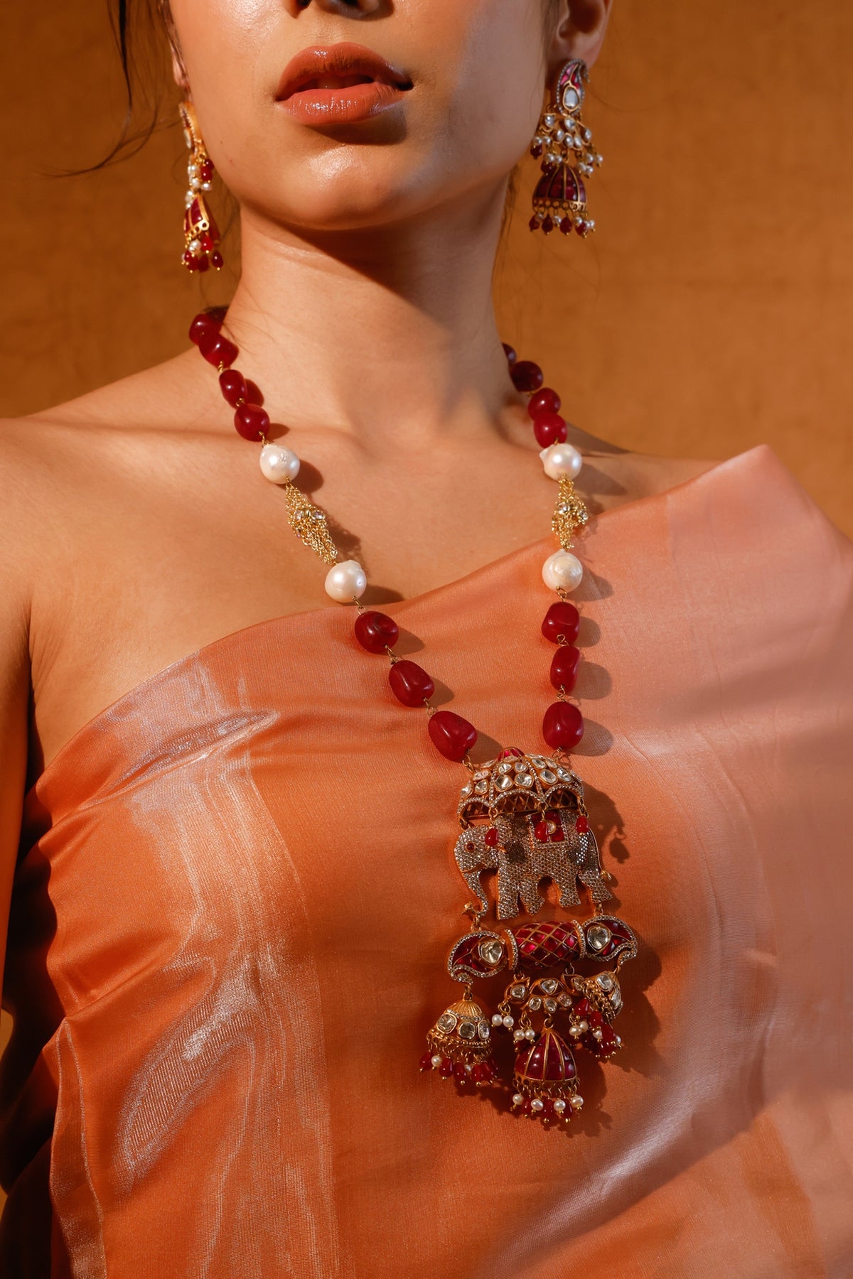 Gold Finish Kundan Polki & Multi-Colored Stone Long Necklace Set
