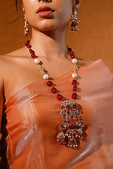 Gold Finish Kundan Polki & Multi-Colored Stone Long Necklace Set