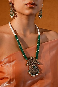 Gold Finish Kundan Polki & Multi-Colored Stone Long Necklace Set