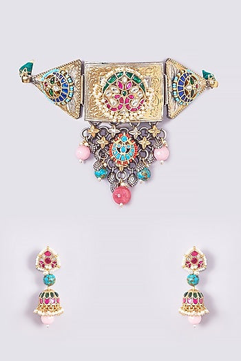 Gold Finish Kundan Polki & Multi-Colored Stone Necklace Set