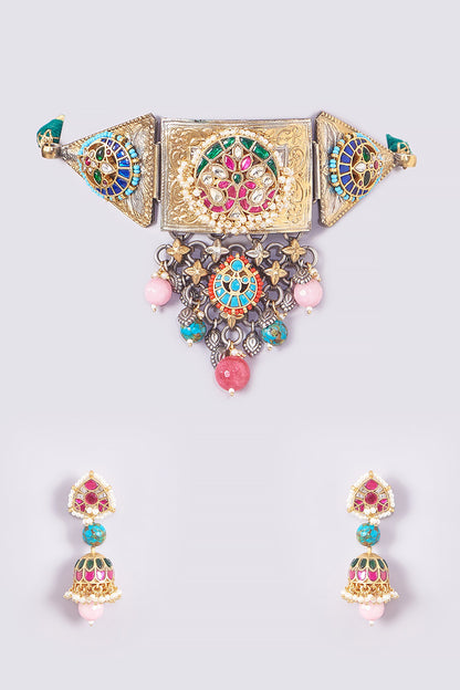 Gold Finish Kundan Polki & Multi-Colored Stone Necklace Set