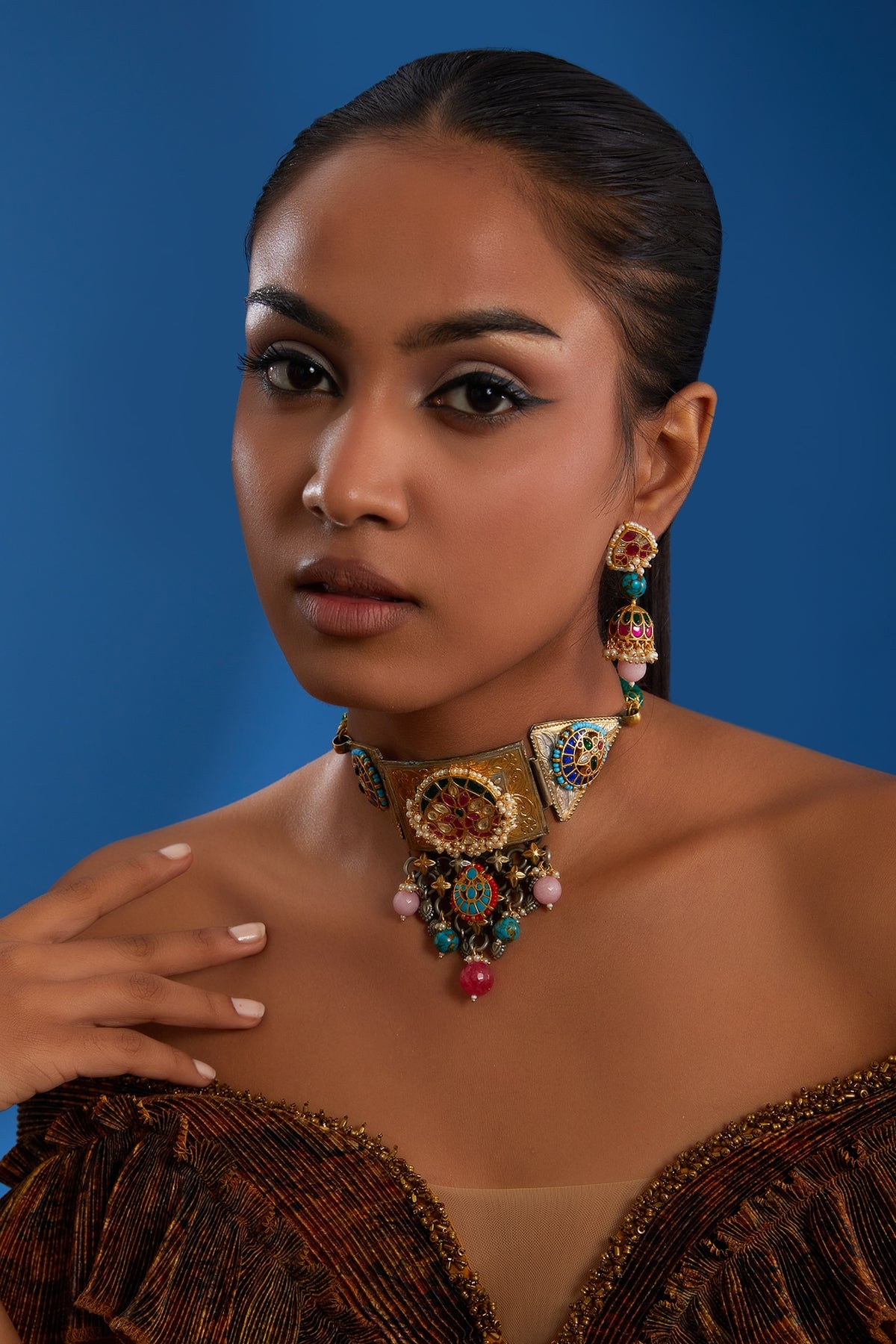 Gold Finish Kundan Polki & Multi-Colored Stone Necklace Set