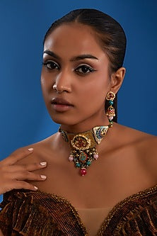 Gold Finish Kundan Polki & Multi-Colored Stone Necklace Set