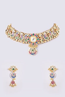 Gold Finish Kundan Polki & Multi-Colored Stone Necklace Set